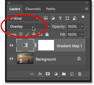Changing the blend mode of the Gradient Map adjustment layer to Overlay