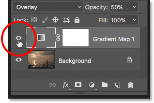 Clicking the visibility icon for the Gradient Map adjustment layer. 